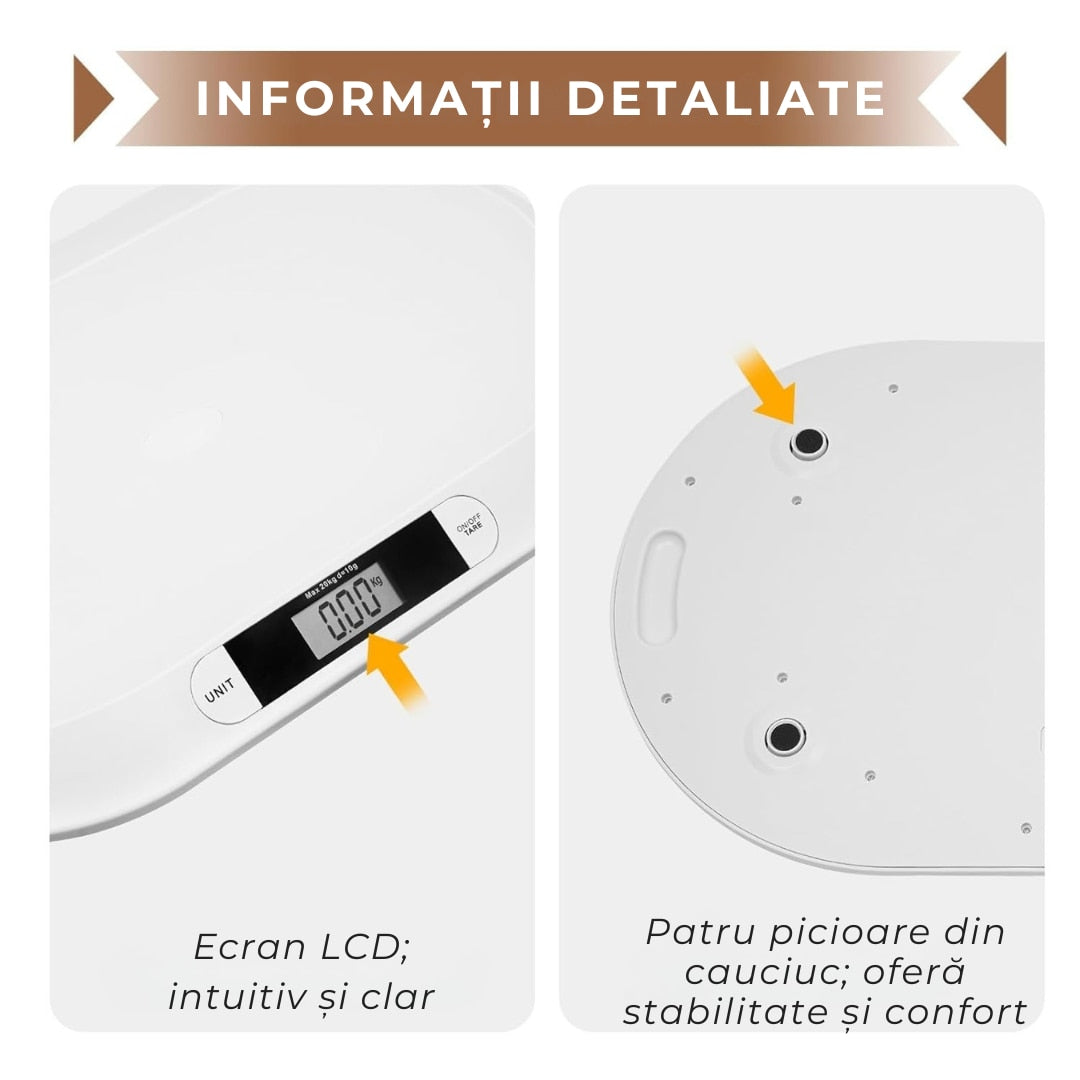 Cantar Electronic Bebe Macvi® cu Display LCD, Precizie la Gram, 20KG, Design Ergonomic, Ultra Slim, Alb