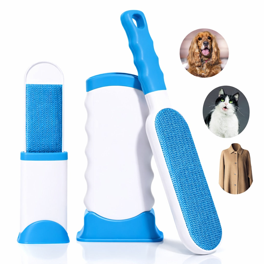 Set 2 Perii Speciale Macvi® pentru Indepartarea Parului de Animale de Pe Haine si Tapiterii, Sistem de Autocuratare, Perie de Dimensiuni Reduse Ideala pentru Calatorii, Alb/Albastru
