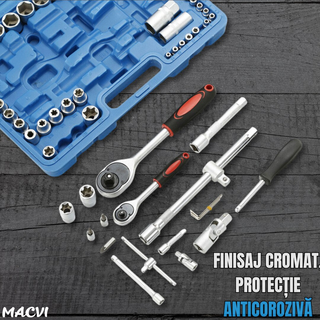 Trusa de scule profesionala Macvi® 108 piese, din otel crom-vanadiu, clichet 1/4” si 1/2”, capete tubulare Torx si Imbus, cu geanta de transport rezistenta