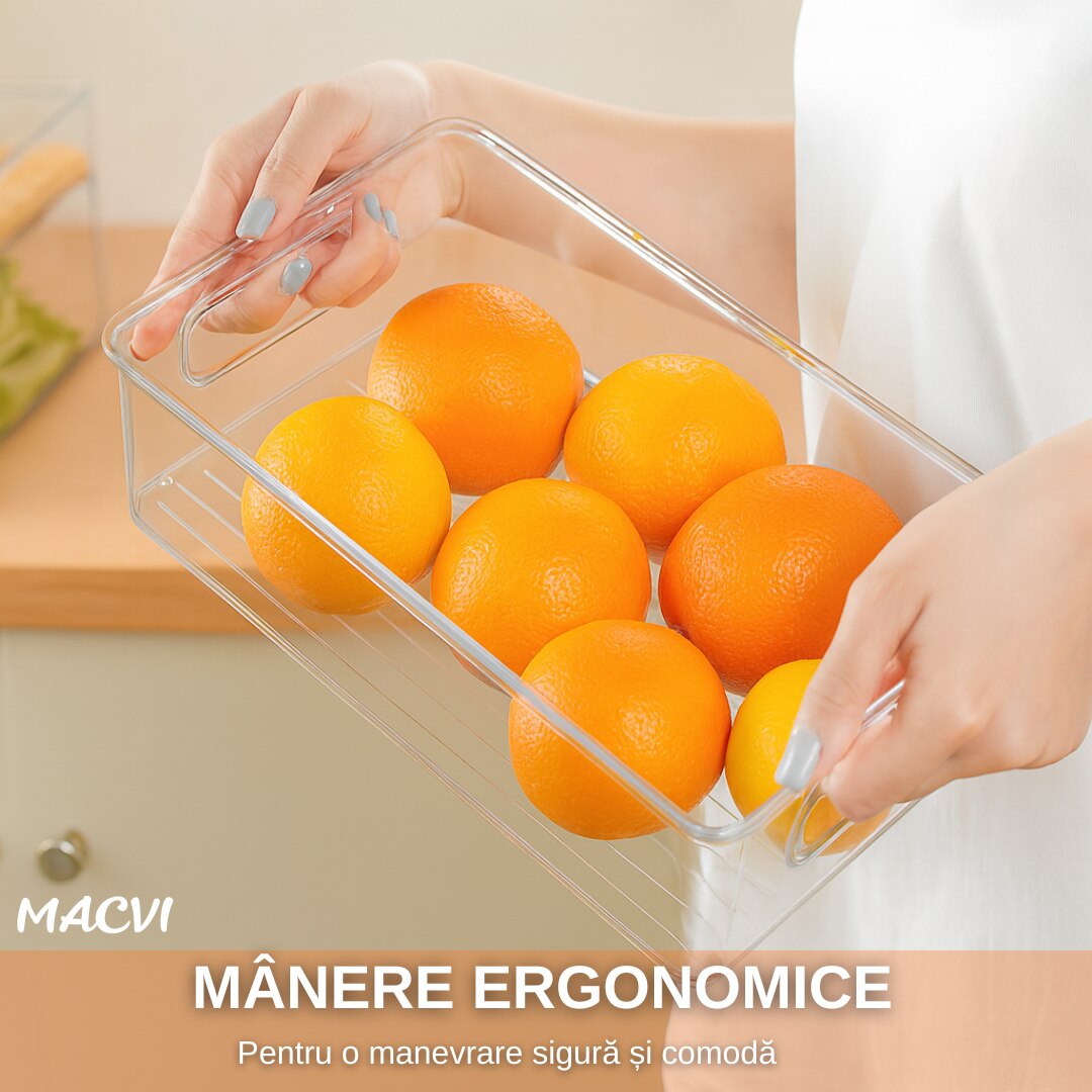 Set 12 organizatoare Macvi® pentru frigider, ABS durabil, fara BPA, stocabile, cu manere integrate, 26×15 cm, transparente