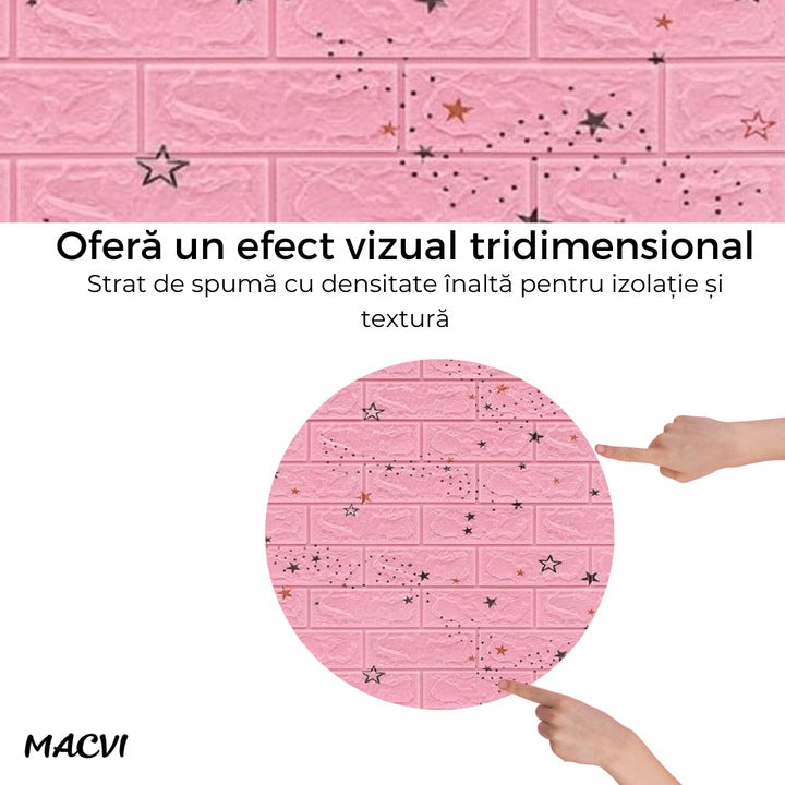 Tapet 3D Autoadeziv, Macvi®, dimensiuni 70x77,Model Caramida Stelute Roz, acopera 5.3 metri patrati, este rezistent la apa si ofera un design modern oricarui spatiu