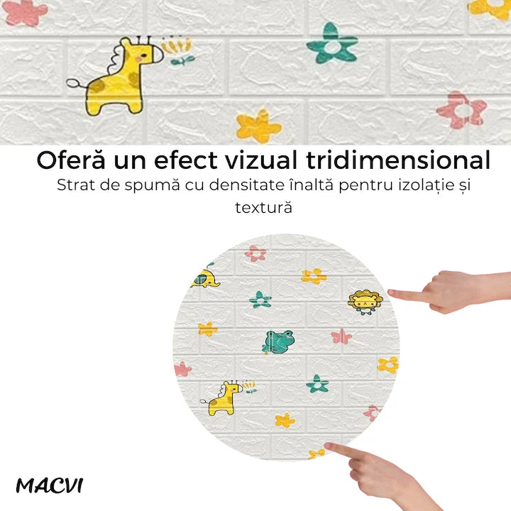 Tapet 3D Autoadeziv, Macvi®, dimensiuni 70x77, Model Caramida Lumea Animalelor, acopera 5.3 metri patrati, este rezistent la apa si ofera un design modern oricarui spatiu