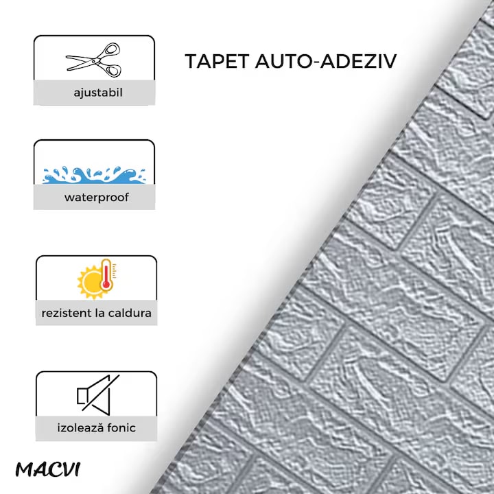 Tapet 3D Autoadeziv, Macvi®, dimensiuni 70x77,Model Caramida Argintiu, acopera 5.3 metri patrati, este rezistent la apa si ofera un design modern oricarui spatiu