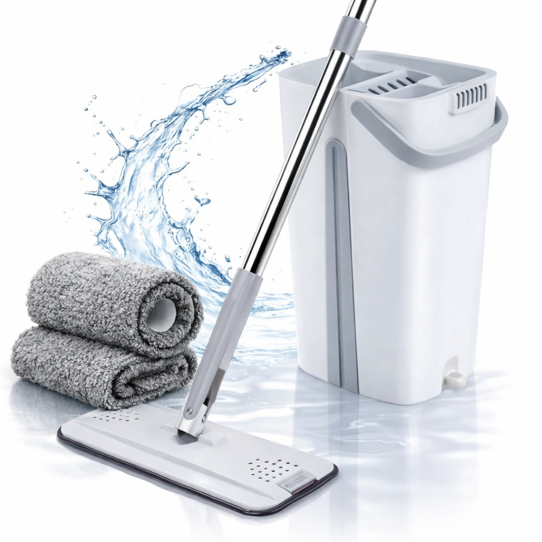 Set Mop Profesional Macvi® cu Galeata 5.7 L, Functie Autostoarcere, Cap Rotativ 360°, Maner Metalic, 121x 33x12 cm Pentru Toate Tipurile de Podele, Alb
