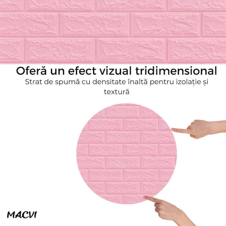 Tapet 3D Autoadeziv, Macvi®, dimensiuni 70x77,Model Caramida Roz, acopera 5.3 metri patrati, este rezistent la apa si ofera un design modern oricarui spatiu