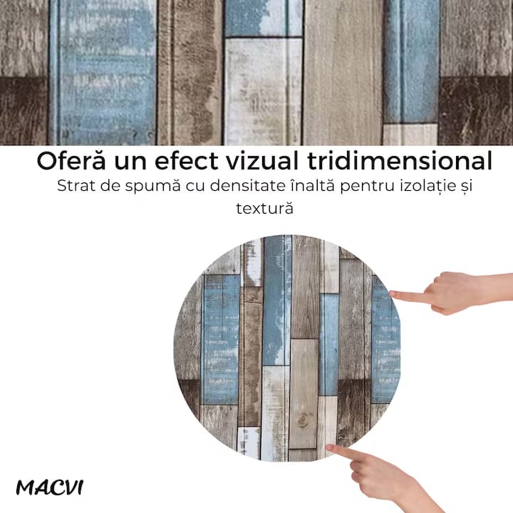 Tapet 3D Autoadeziv, Macvi®, dimensiuni 70x77, Model Caramida Lemn Multicolor, acopera 5.3 metri patrati, este rezistent la apa si ofera un design modern oricarui spatiu