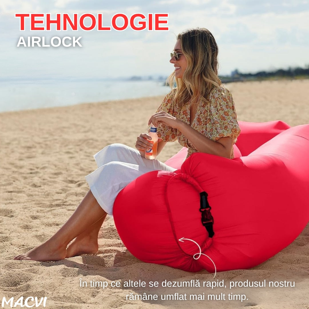 Saltea gonflabila tip sezlong Lazybag Macvi®, material rezistent, umflare fara pompa, pentru plaja/picnic/camping, rucsac de depozitare, 190 x 70 cm, rosu