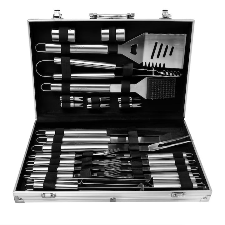 Set ustensile gratar Macvi® 26 piese, accesorii din otel inoxidabil premium, geanta transport aluminiu captusita 43x27x8cm