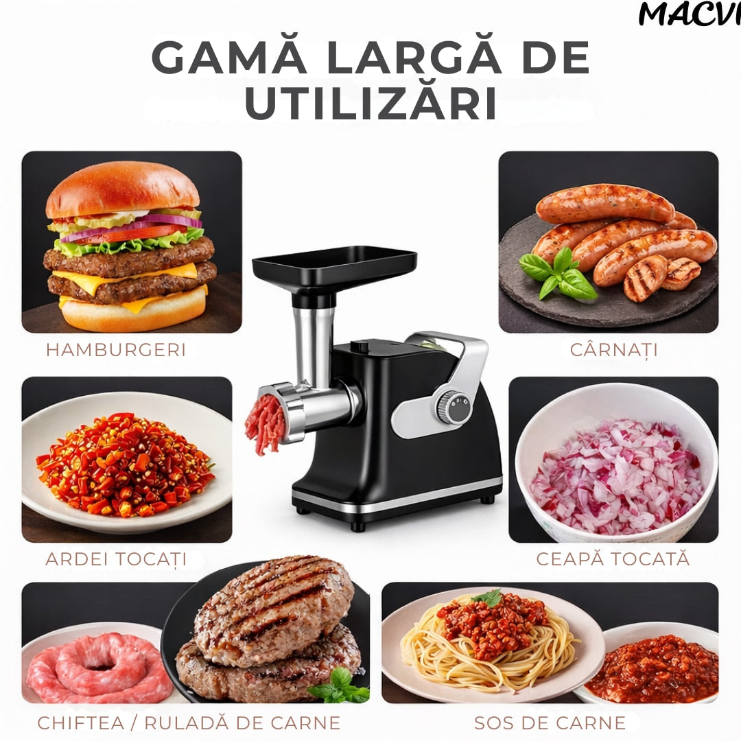 Aparat electric de tocat carne Macvi® din inox 800W multifunctional cu motor brushless pentru uz casnic si comercial
