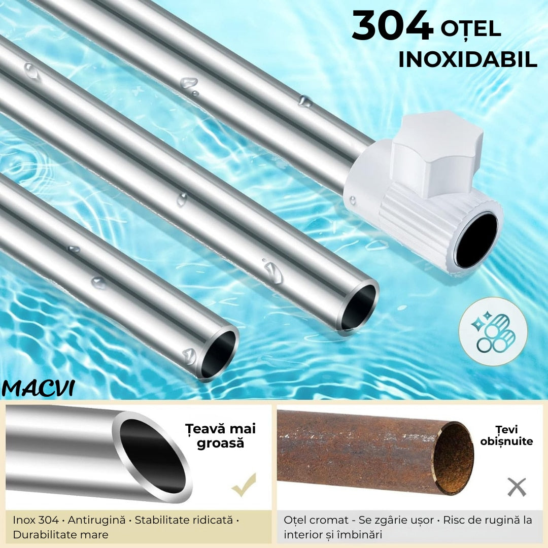 Etajera Extensibila Macvi® pentru Baie, colt, cu 4 Polite si Umeras, Tip Coltar, 3 Carlige, inaltime reglabila 100-260 cm, Talpi din silicon, Alb
