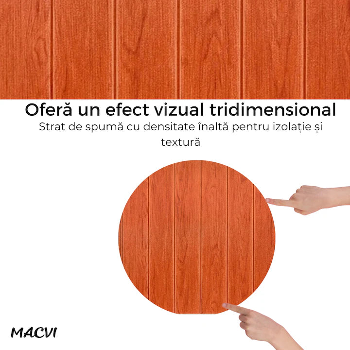 Tapet 3D Autoadeziv, Macvi®, dimensiuni 70x77, Model Panou Lemn Orange, acopera 5.3 metri patrati, este rezistent la apa si ofera un design modern oricarui spatiu
