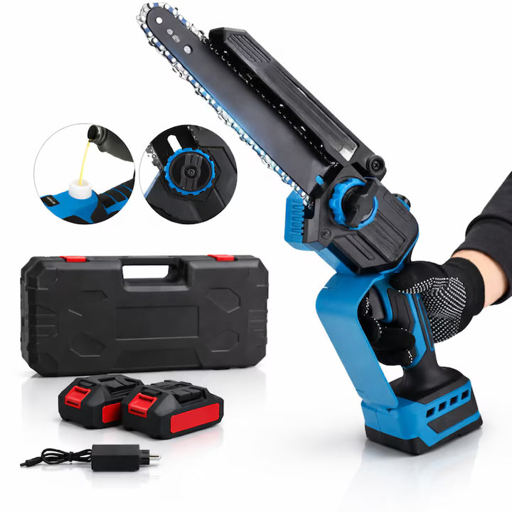 Mini Fierastrau Macvi® modernizat cu lant 8 inch brushless 2 baterii 2600mAh sistem lubrifiere si reglare automata