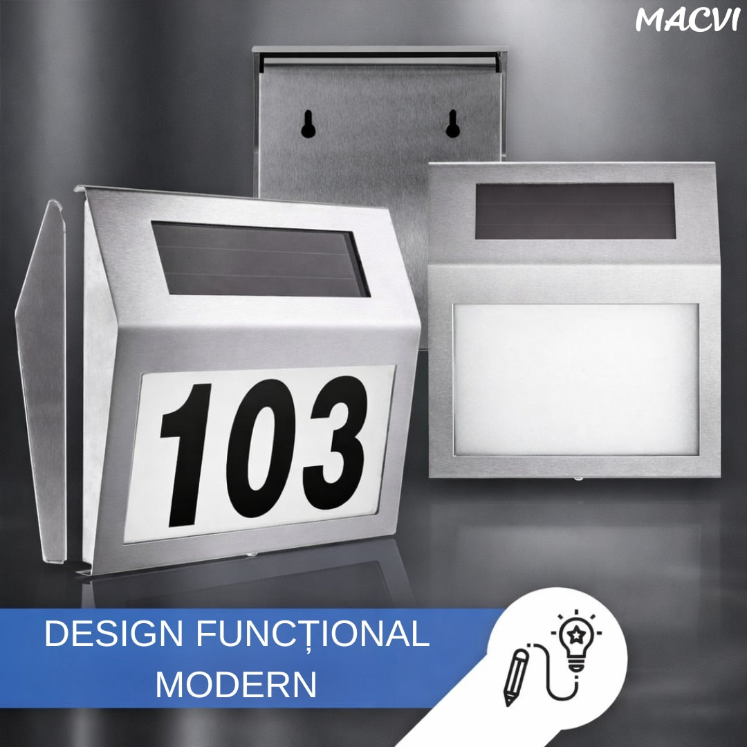 Placa Numar Casa Macvi® cu Iluminare Solara LED Montaj Exterior, Detectie Automata Noapte-Zi, Rezistenta la Intemperii, din Inox
