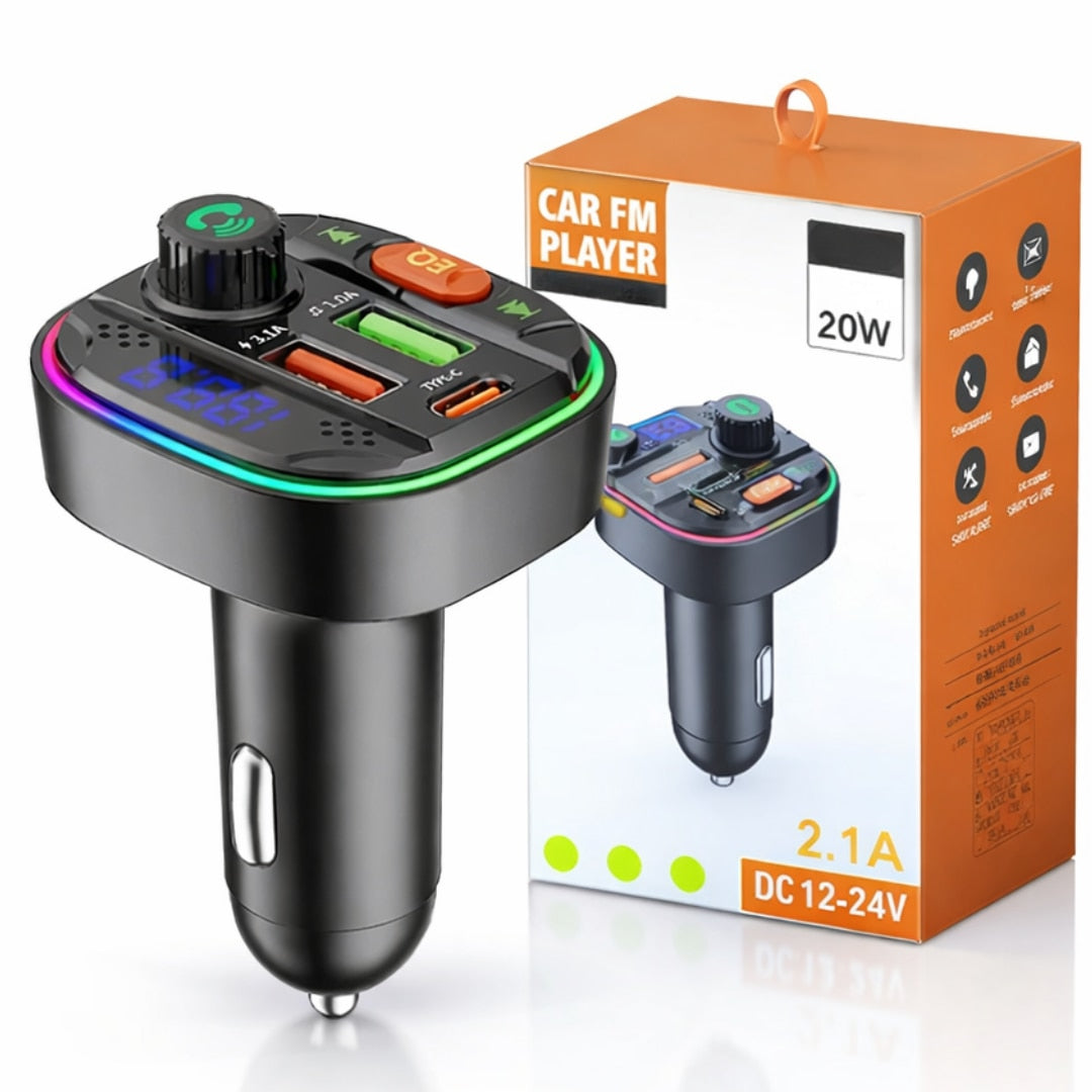 Modulator FM Bluetooth 5.0 Macvi® cu Incarcare Rapida QC 3.0 si PD 20W, 1x USB Tip C, 2x USB Tip A, Iluminare RGB, Negru