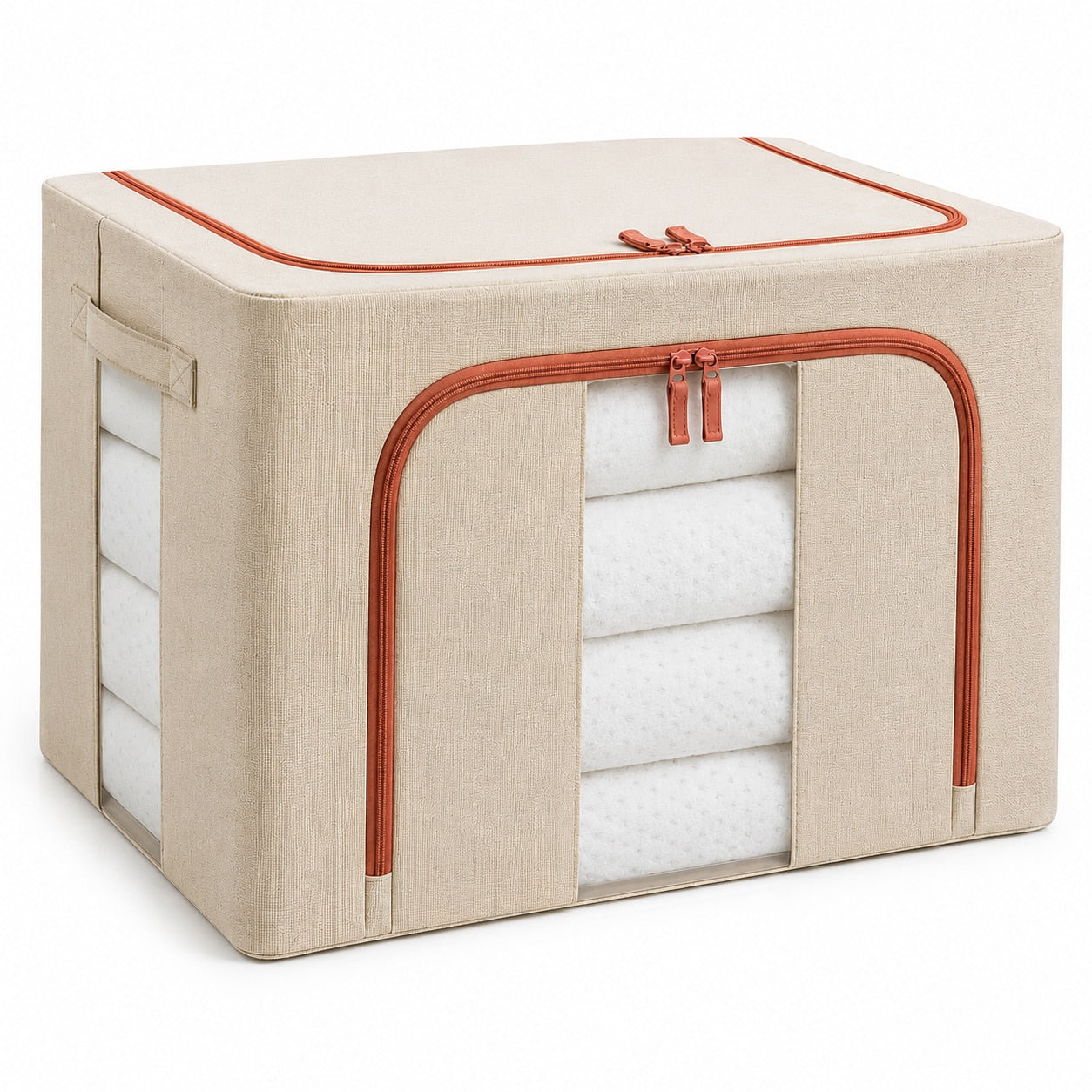 Cutie depozitare haine Macvi® 66L, organizator textil pliabil cu capac, fermoar si fereastra transparenta, boxa depozitare cu cadru metalic