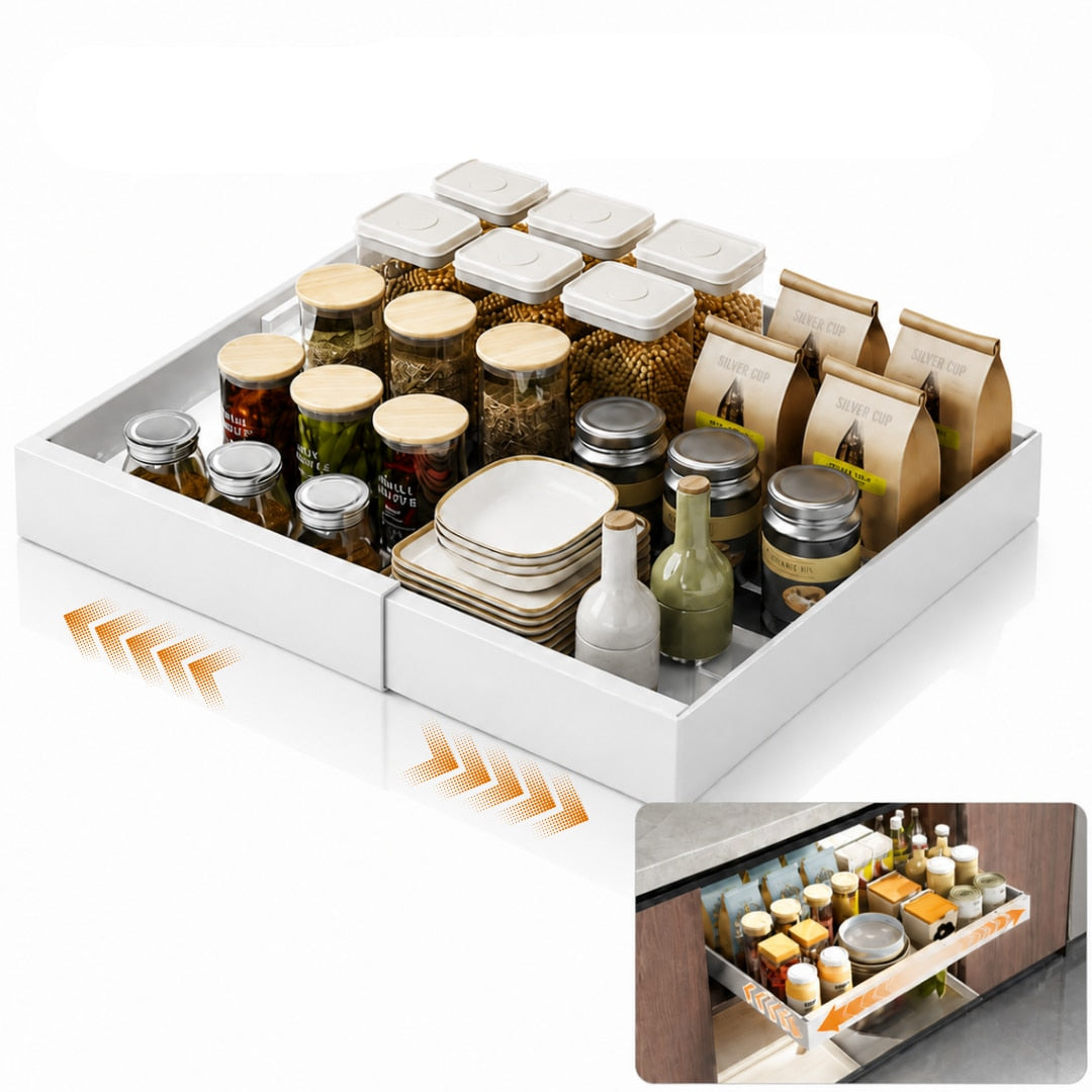 Organizator extensibil Macvi® pentru dulapuri, metal, sertar glisant, montare adeziva, capacitate mare, alb