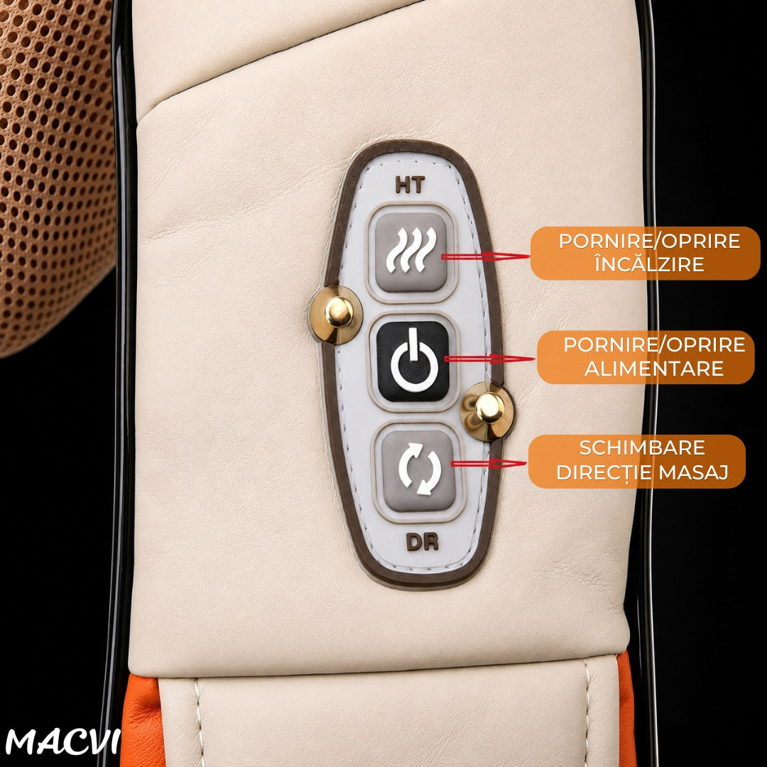 Aparat Masaj Cervical si Umeri Macvi® cu Infrarosu, 8 Noduri Masaj, Incalzire, Rotatie Dubla, 24W, Pentru Gat, Spate si Talie, Bej
