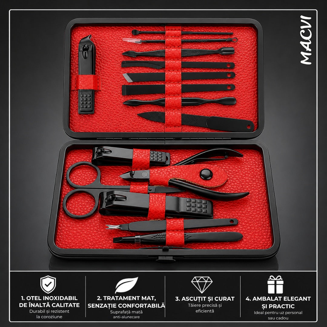 PROMO 1+1: Set manichiura, pedichiura Macvi®, 15 piese din inox, cu husa din piele, pentru ingrijirea completa a unghiilor