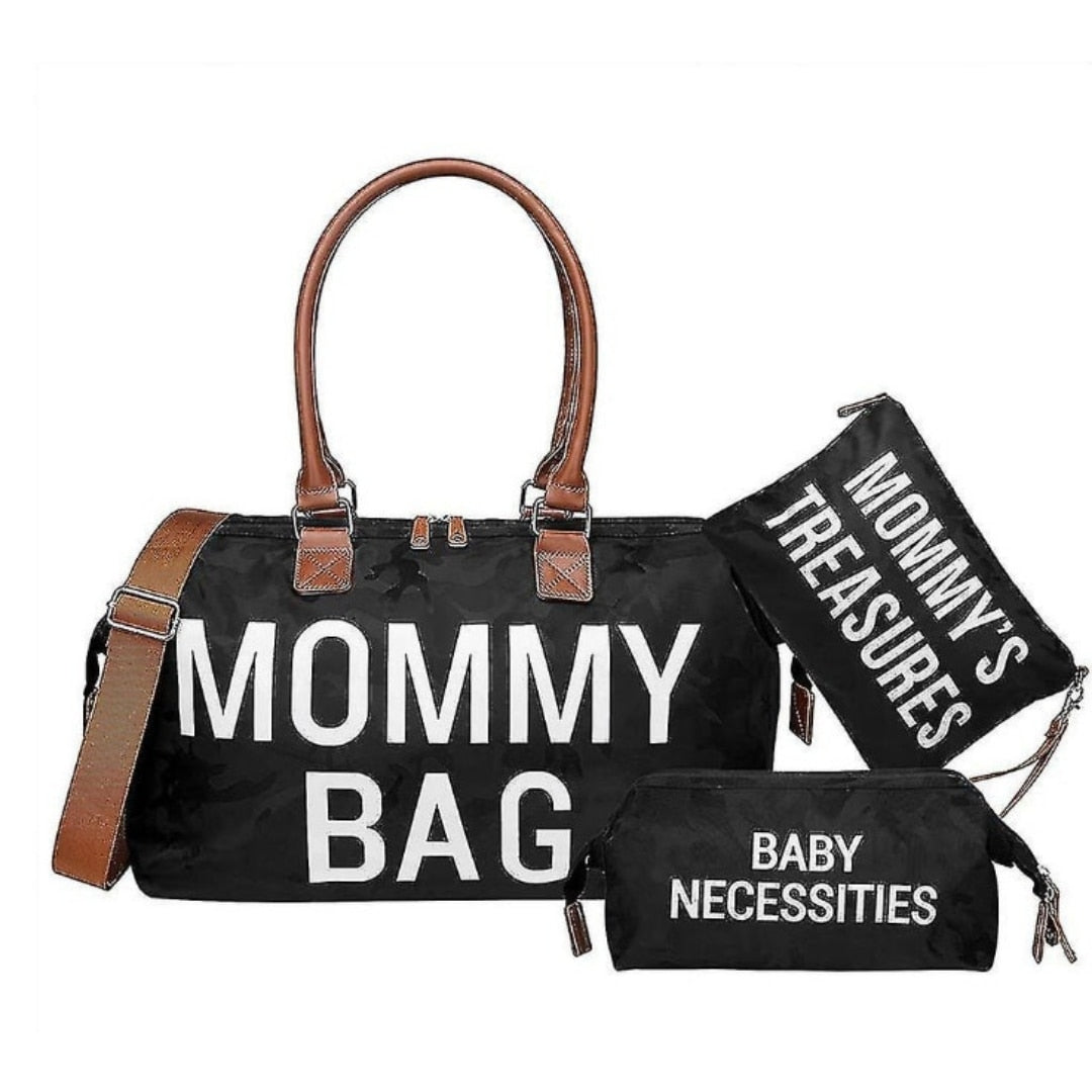 Geanta Mommy Bag Macvi® cu 2 gentute incluse, multiple compartimente si spatii pentru depozitare, ideala pentru maternitate si calatorii, negru