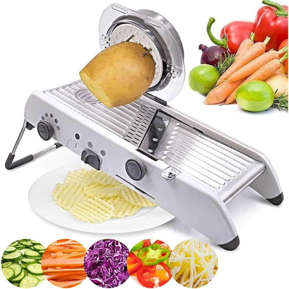 Razatoare Multifunctionala Macvi® pentru legume si fructe, 18 taieturi diferite, lame inox, reglabila 1–7 mm, ergonomica, gri