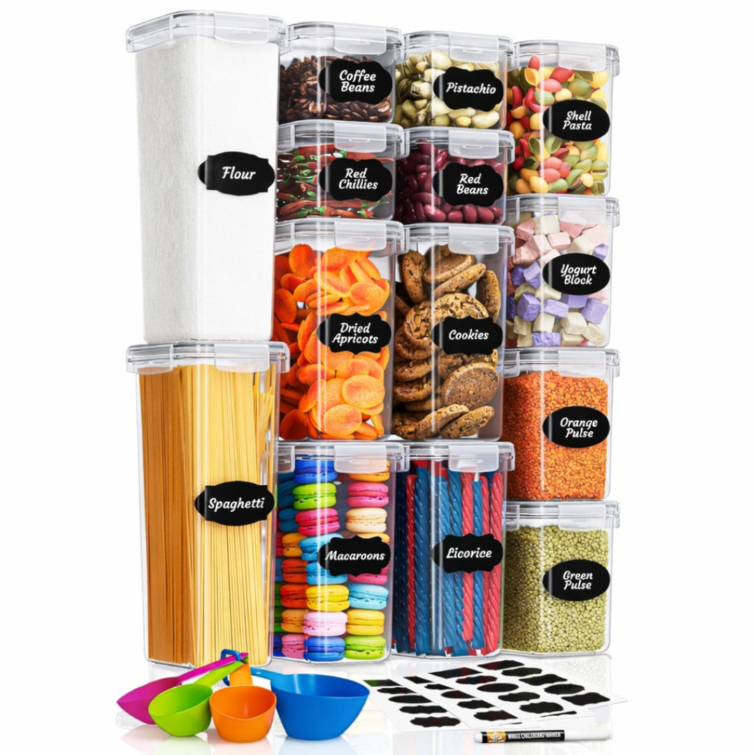 Set 14 organizatoare/recipiente Macvi® pentru depozitare alimentara, etanse, design minimalist, fara BPA, stocabile, cu etichete si lingurite incluse