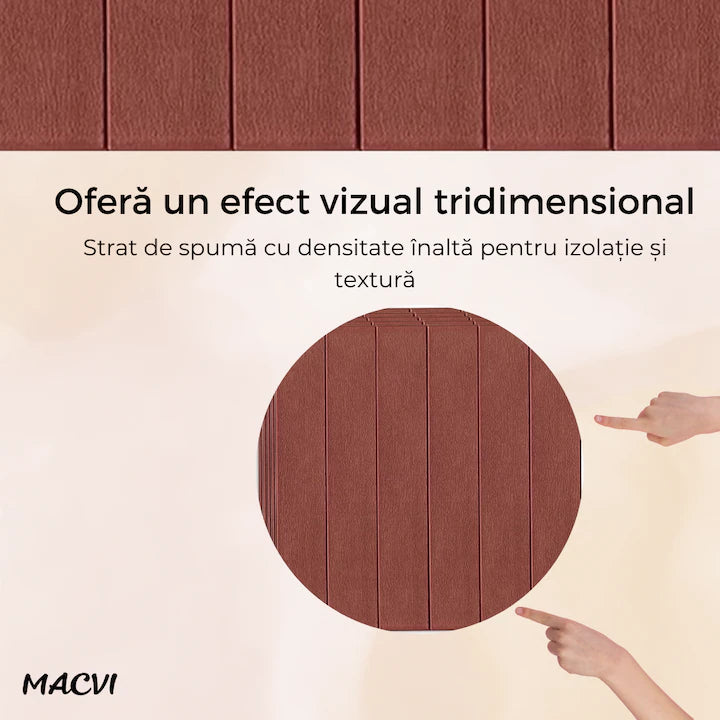 Tapet 3D Autoadeziv, Macvi®, dimensiuni 70x77,Model Panou Lemn Maro Inchis, acopera 5.3 metri patrati, este rezistent la apa si ofera un design modern oricarui spatiu