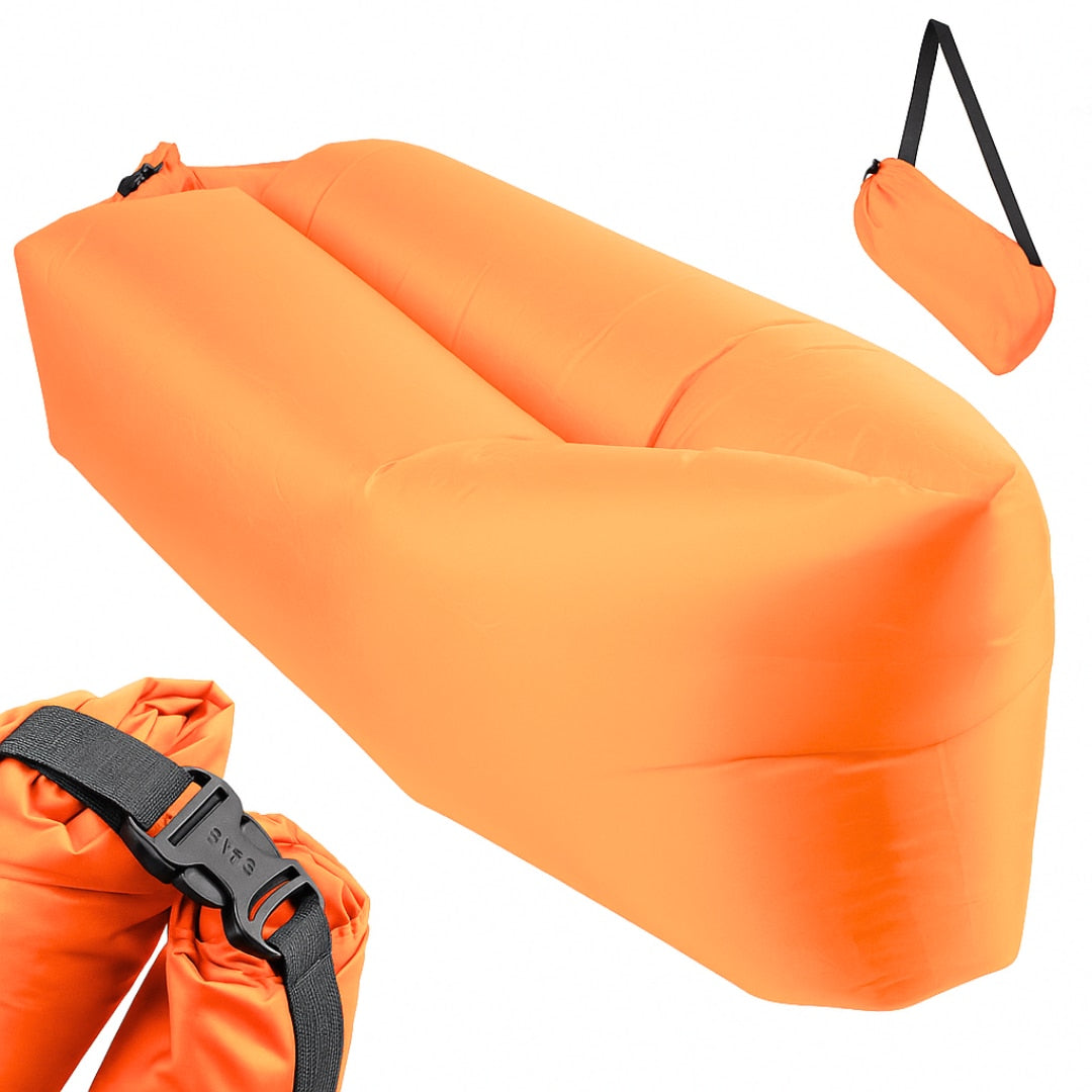 Saltea gonflabila tip sezlong Lazybag Macvi®, material rezistent, umflare fara pompa, pentru plaja/picnic/camping, rucsac de depozitare, 190 x 70 cm,Portocaliu