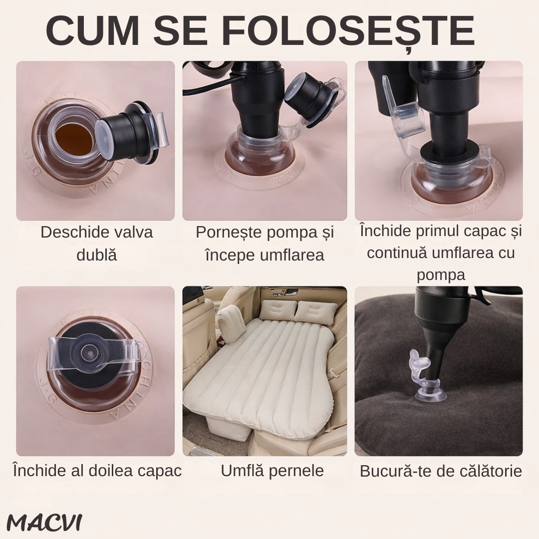 Saltea Gonflabila Auto Macvi® cu Perne si Suport de Echilibru, Ideala pentru Bancheta din Spate, Camping, Calatorii si Relaxare, Bej