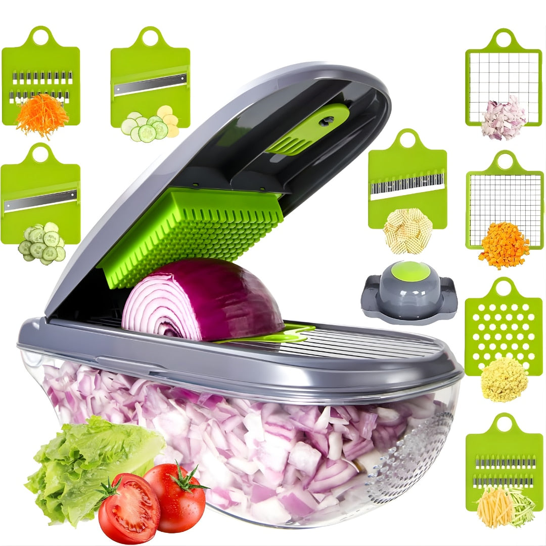 Tocator multifunctional legume Macvi® 12 in 1, 8 lame interschimbabile din otel inoxidabil, recipient 1, 5 L, pentru feliere, taiere cuburi