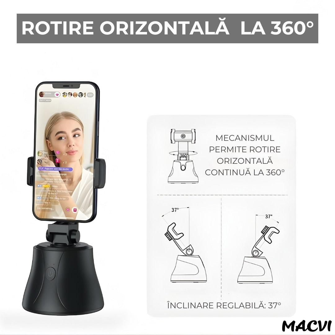 Suport telefon Macvi® portabil cu trepied, rotativ 360°, reglabil, ideal pentru fotografii, YouTube, TikTok, Negru