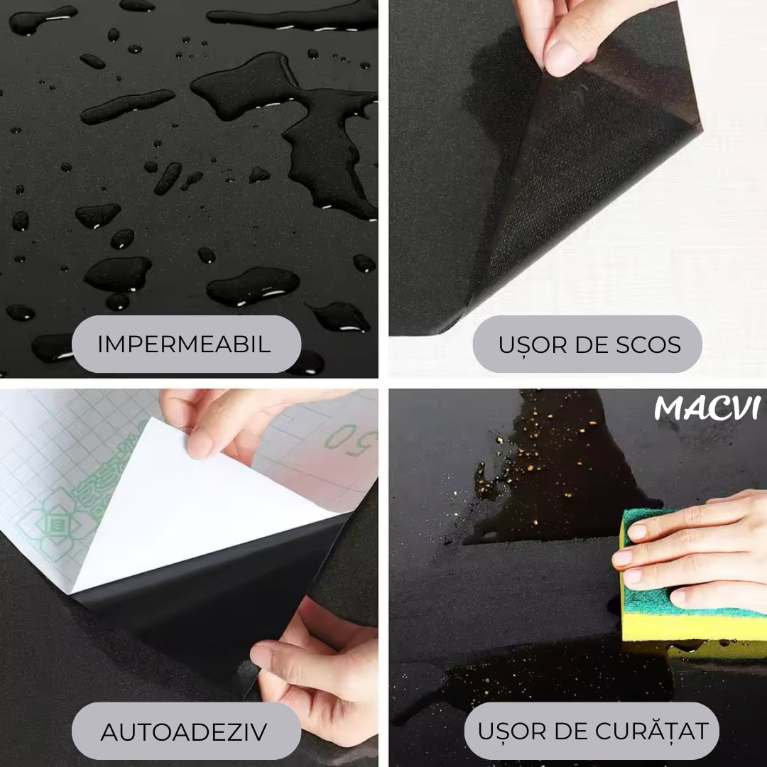 Folie Autoadeziva Neagra Macvi® Rezistenta la Caldura 10 m x 60 cm, Impermeabila si Anti-Ulei, Tip Rola, Pentru Bucatarie si Mobilier, Finisaj Lucios