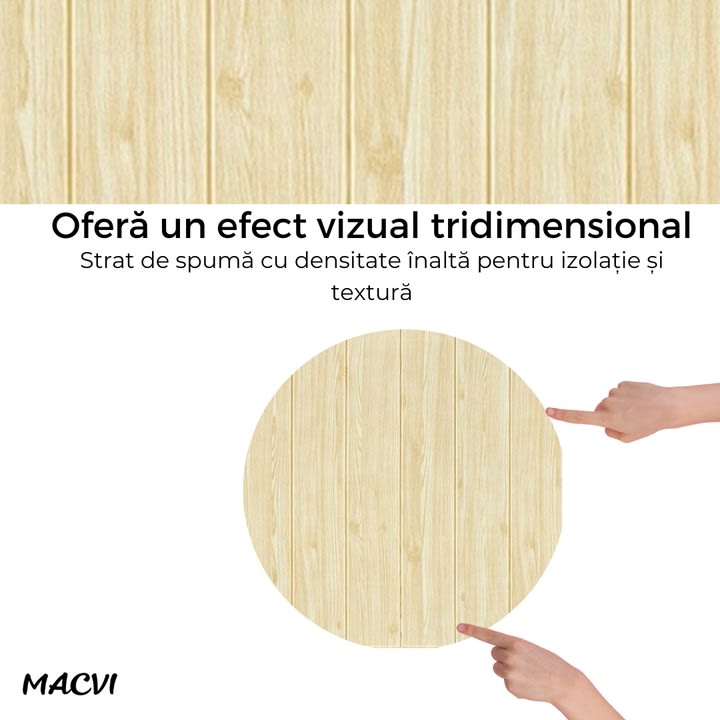 Tapet 3D Autoadeziv, Macvi®, dimensiuni 70x77, Model Panou Lemn Crem, acopera 5.3 metri patrati, este rezistent la apa si ofera un design modern oricarui spatiu