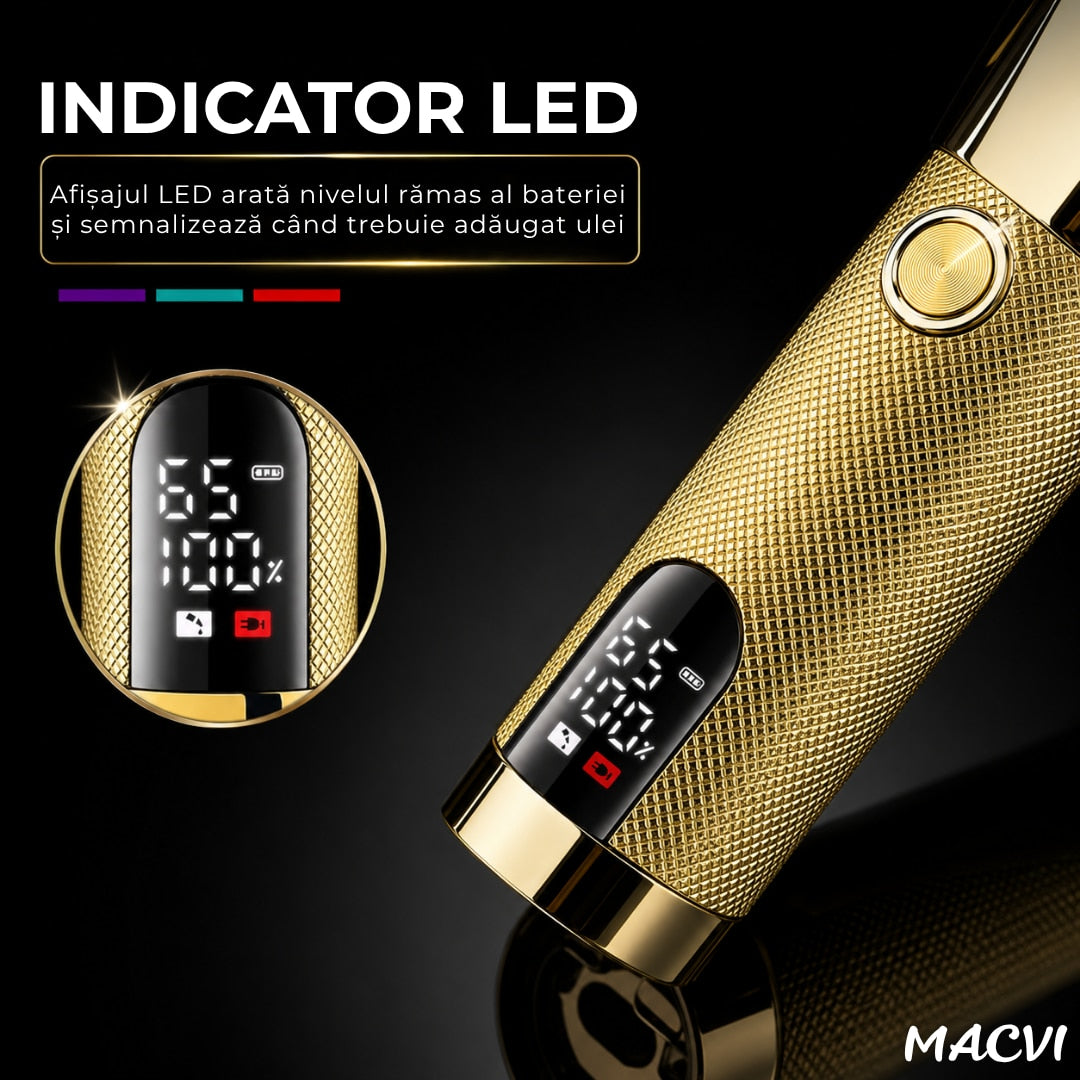 Set masina de tuns profesionala Macvi® contur barba si corp, 180 min autonomie, 6500 rpm, lama T 40 mm, perie fade si pieptene, USB, 180 minute autonomie, afisaj LED