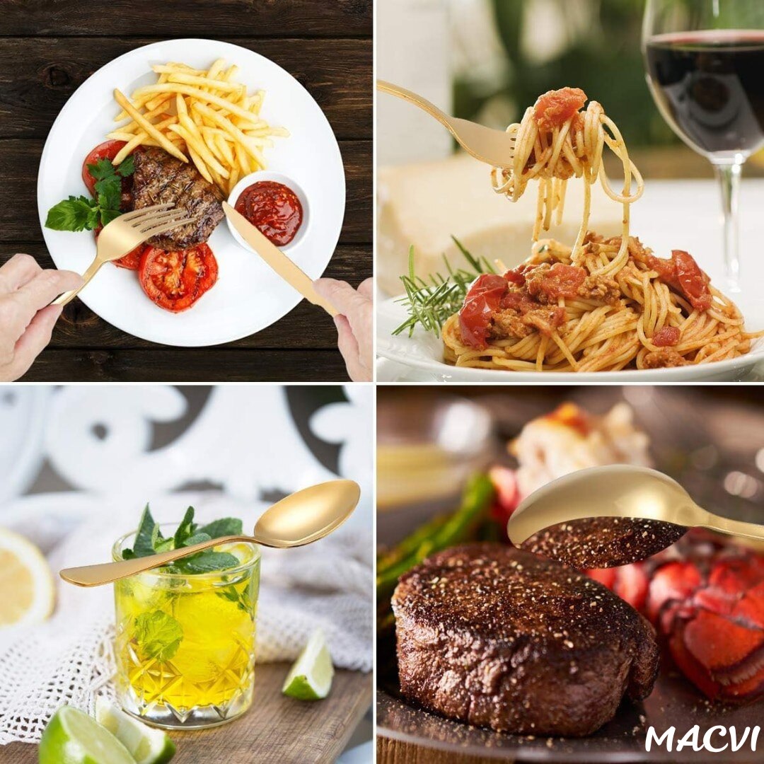 Set 24 tacamuri din inox Macvi®, 6 x cutite, 6 x linguri, 6 x furculite, 6 x lingurite, 40 x 25.5 x 5.5 cm, auriu