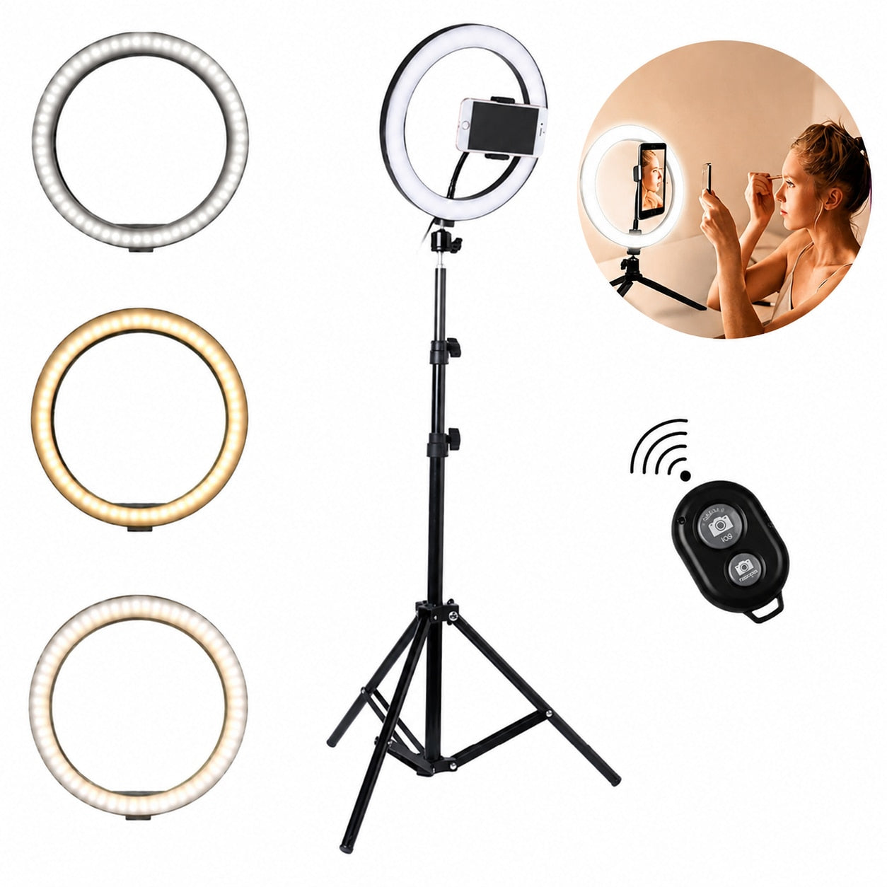 Lampa Circulara Profesionala Ring Light LED Macvi®, Conectare USB, 3 Moduri de Lumina, Telecomanda Selfie si Trepied 210 cm Inclus