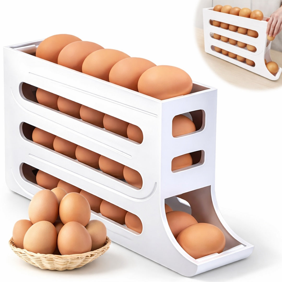 Promo 1+1 Gratuit:Suport organizator pentru oua Macvi®, 4 niveluri, rulare automata, pana la 30 oua, 36x7x20 cm, alb, Plastic PP premium, economisire inteligenta de spatiu in frigider