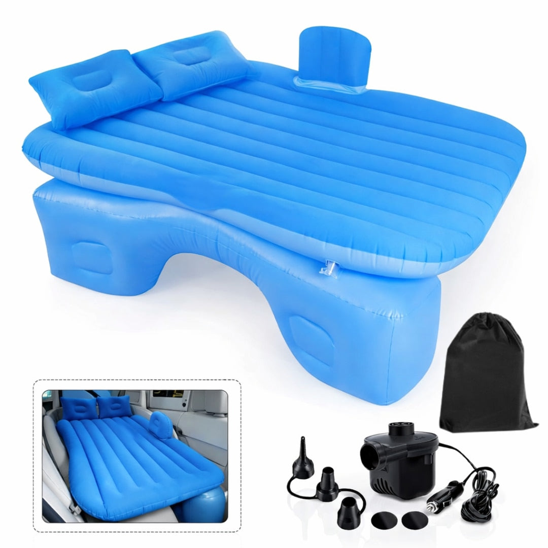 Saltea Gonflabila Auto Macvi® cu Perne si Suport de Echilibru, Ideala pentru Bancheta din Spate, Camping, Calatorii si Relaxare, Pompa inclusa, chit de reparatii, Albastru, 132x72cm