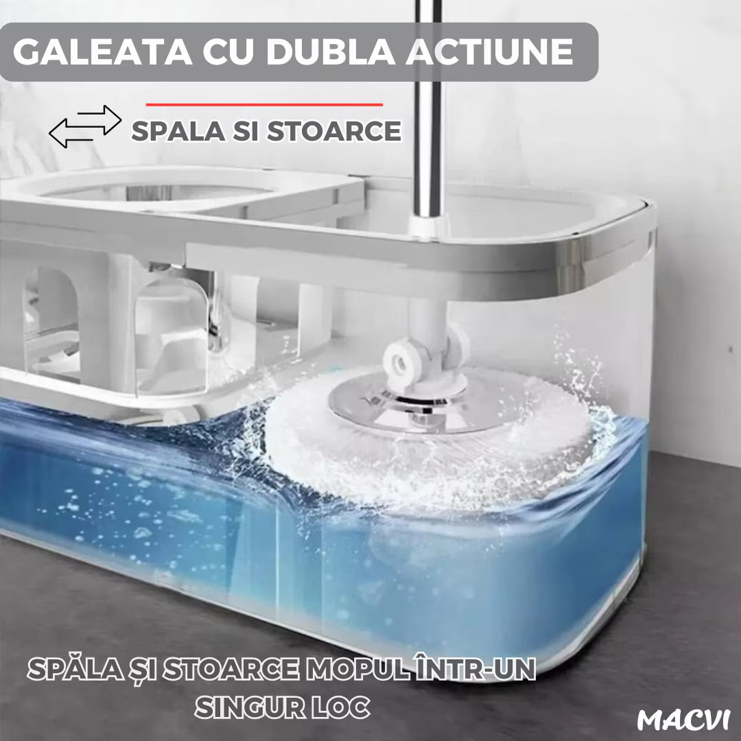 Set Mop Rotativ Macvi®, Galeata, Dubla Actiune, Capat Microfibra, Sistem Stoarcere, Inaltime Ajustabila, Alb/Gri