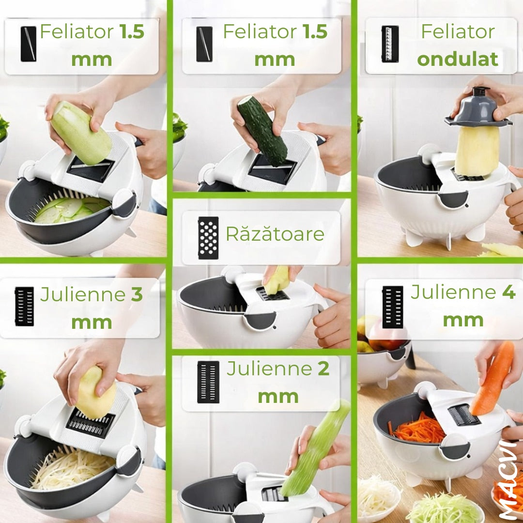 Feliator/Razatoare legume cu bol si strecurator Macvi®, 5 lame interschimbabile, decojitor inclus, taiere rapida, razatoare multifunctionala, bucatarie