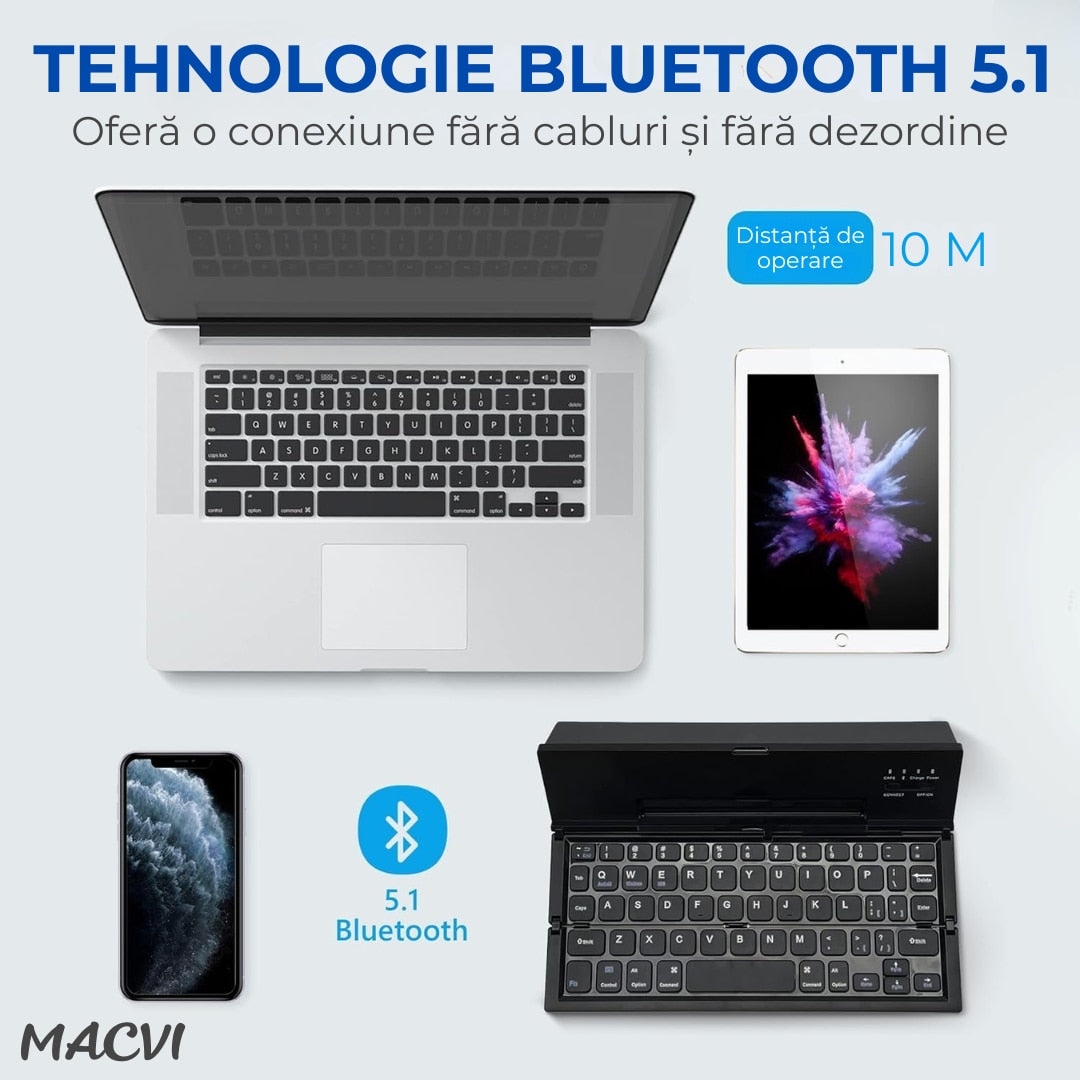 Tastatura Bluetooth pliabila Macvi® wireless, compacta, touchpad integrat, compatibila tableta si laptop, negru
