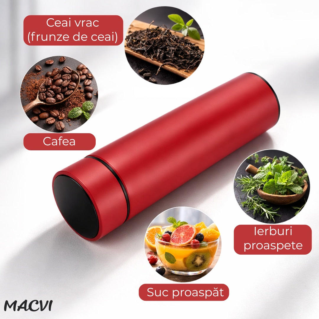 Termos inteligent Macvi® Smart 500 ml cu afisaj LED temperatura sticla termoizolanta inox perete dublu infuzor ceai capac tactil mentine cald 12 ore rosu