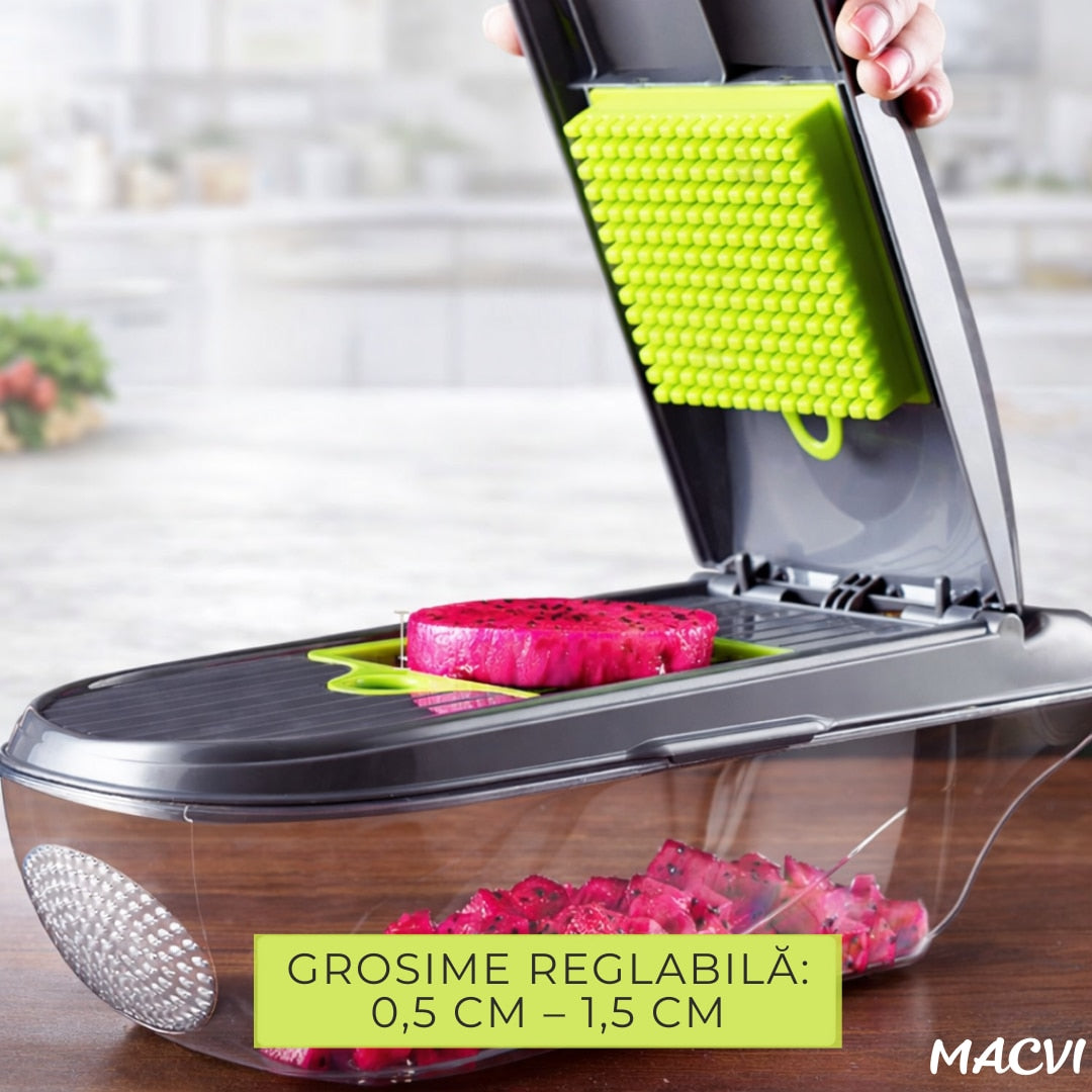 Tocator multifunctional legume Macvi® 12 in 1, 8 lame interschimbabile din otel inoxidabil, recipient 1, 5 L, pentru feliere, taiere cuburi