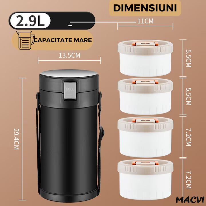 Caserola termica Macvi® din inox 304, 2.9L, 4 compartimente, etansa, Negru