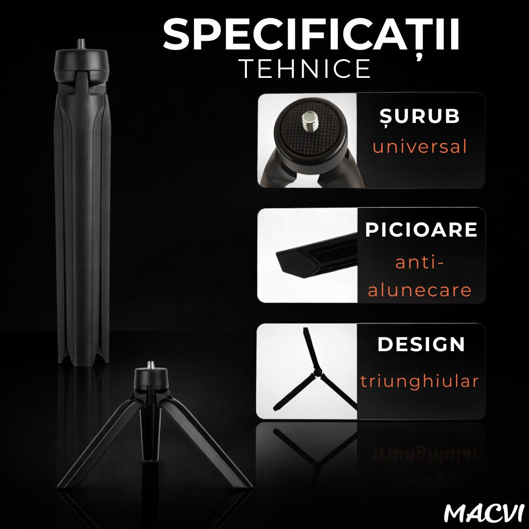 Mini Trepied pentru Telefon, Aparate Foto si Video Macvi® cu Lampi Circulare, Portabil, Pliabil, Ergonomic, Negru
