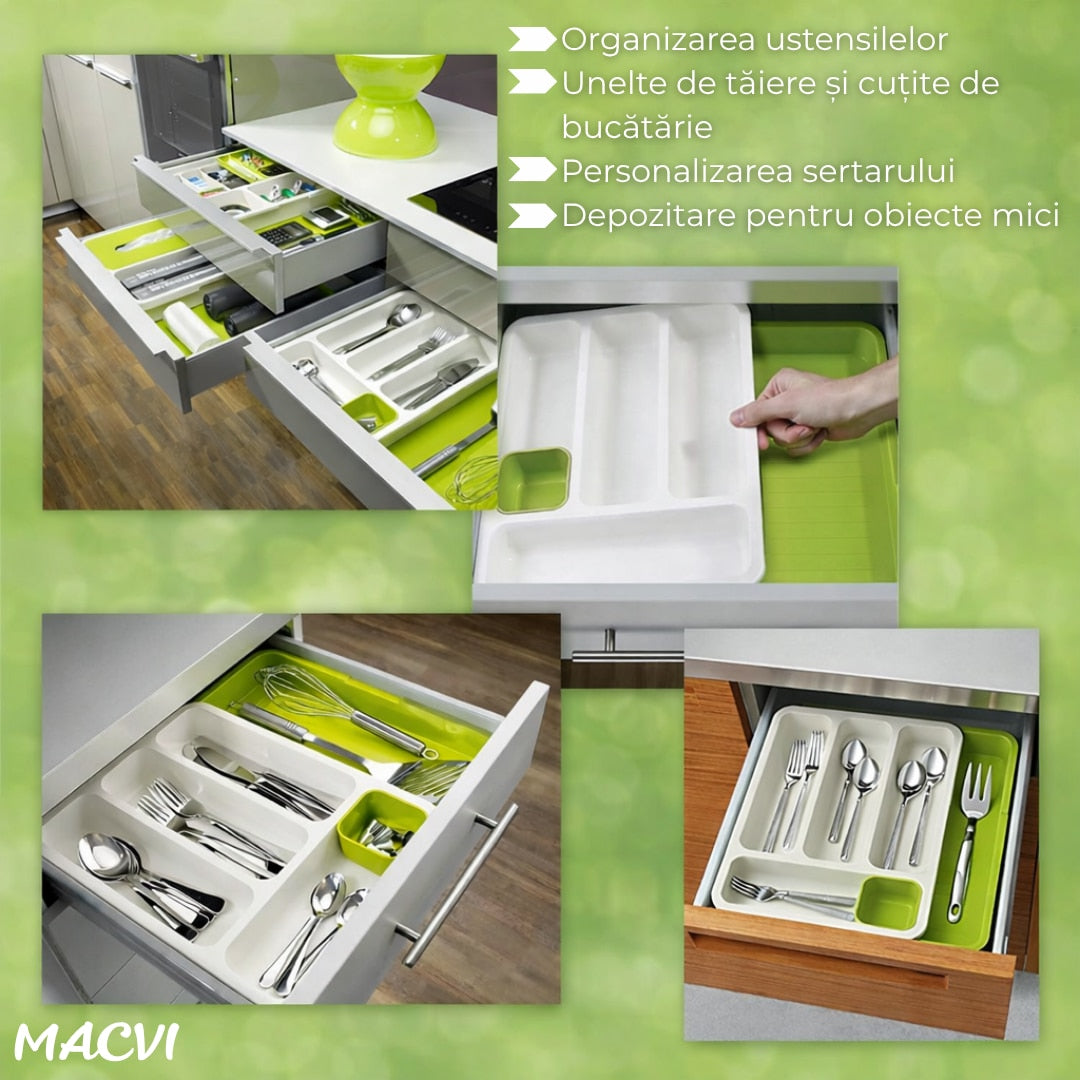 Suport modular extensibil Macvi® pentru tacamuri, 29-48 cm, ABS, alb-verde, organizator sertare