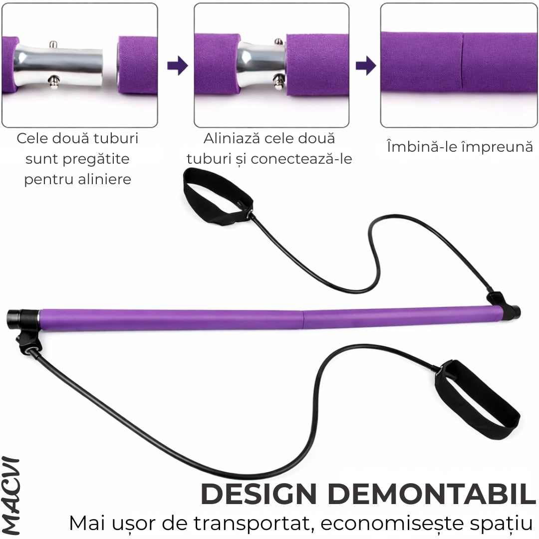 Bara Fitness Macvi® cu Benzi Elastice Reglabile, Multifunctionala pentru Antrenamente Complete, Rezistenta Ajustabila, Culoare Mov