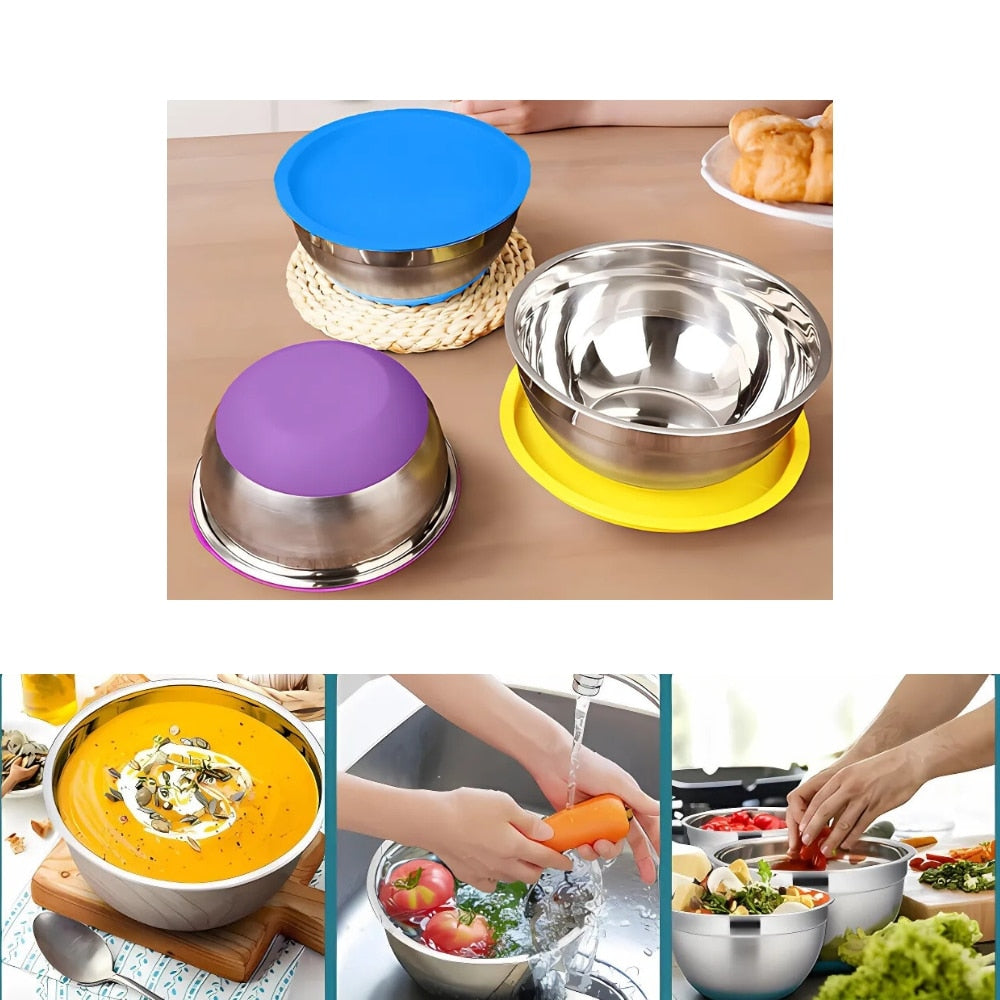 Set 3 castroane Macvi® cu capace si baza aderenta, inox + plastic, diametre 20-22-24 cm, multicolor, compatibile frigider si masina de spalat vase