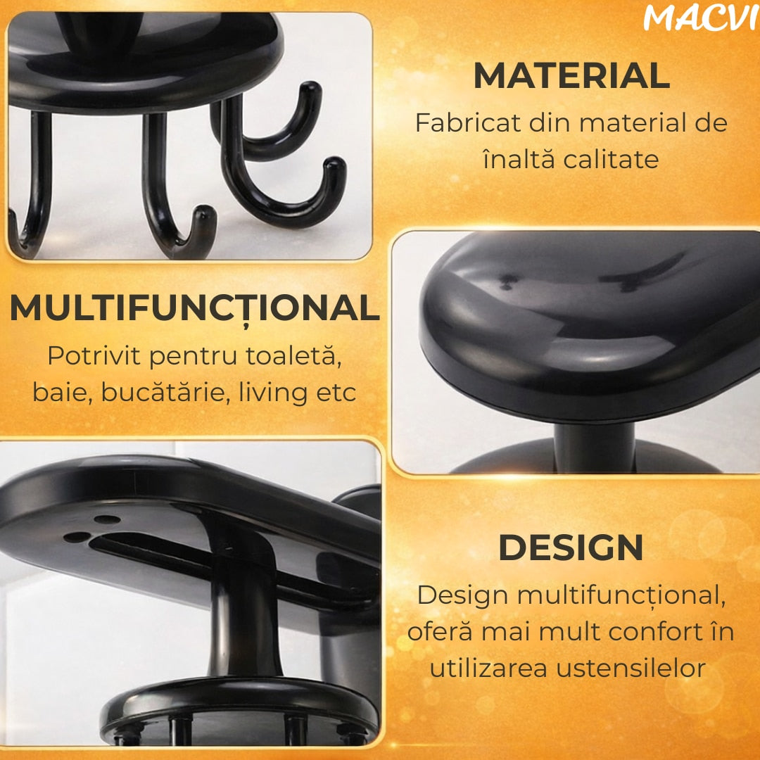 Suport Rotativ Macvi® pentru Ustensile de Bucatarie, 360° Reglabil, Negru, 14.5 cm x 6.5 cm x 10.5 cm, Rezistent