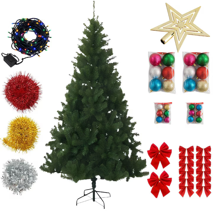 Set Brad de Craciun Artificial Macvi®, 1.8 m cu Suport Metalic si Set Complet Decoratiuni Instalatie multicolor 100 LED-uri de 4 m, Ramuri Bogate, Aspect Natural