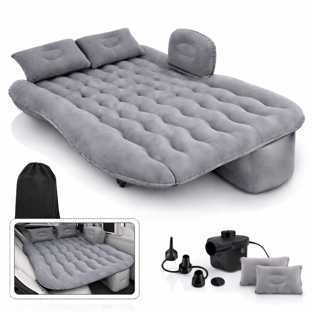 Saltea Gonflabila Auto Macvi® cu Perne si Suport de Echilibru, Ideala pentru Bancheta din Spate, Camping, Calatorii si Relaxare, Gri